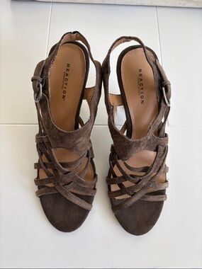 Reaction Kenneth Cole Dark Brown Suede Window Shade Leather Strappy Heels